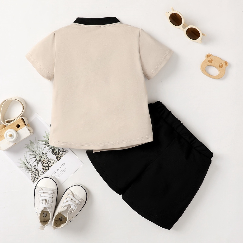 【2PCS】 1-6Y Baby Boy Casual Set | Beige Bear Print Short Sleeve Shirt + Black Shorts | Trendy Daily Outfit