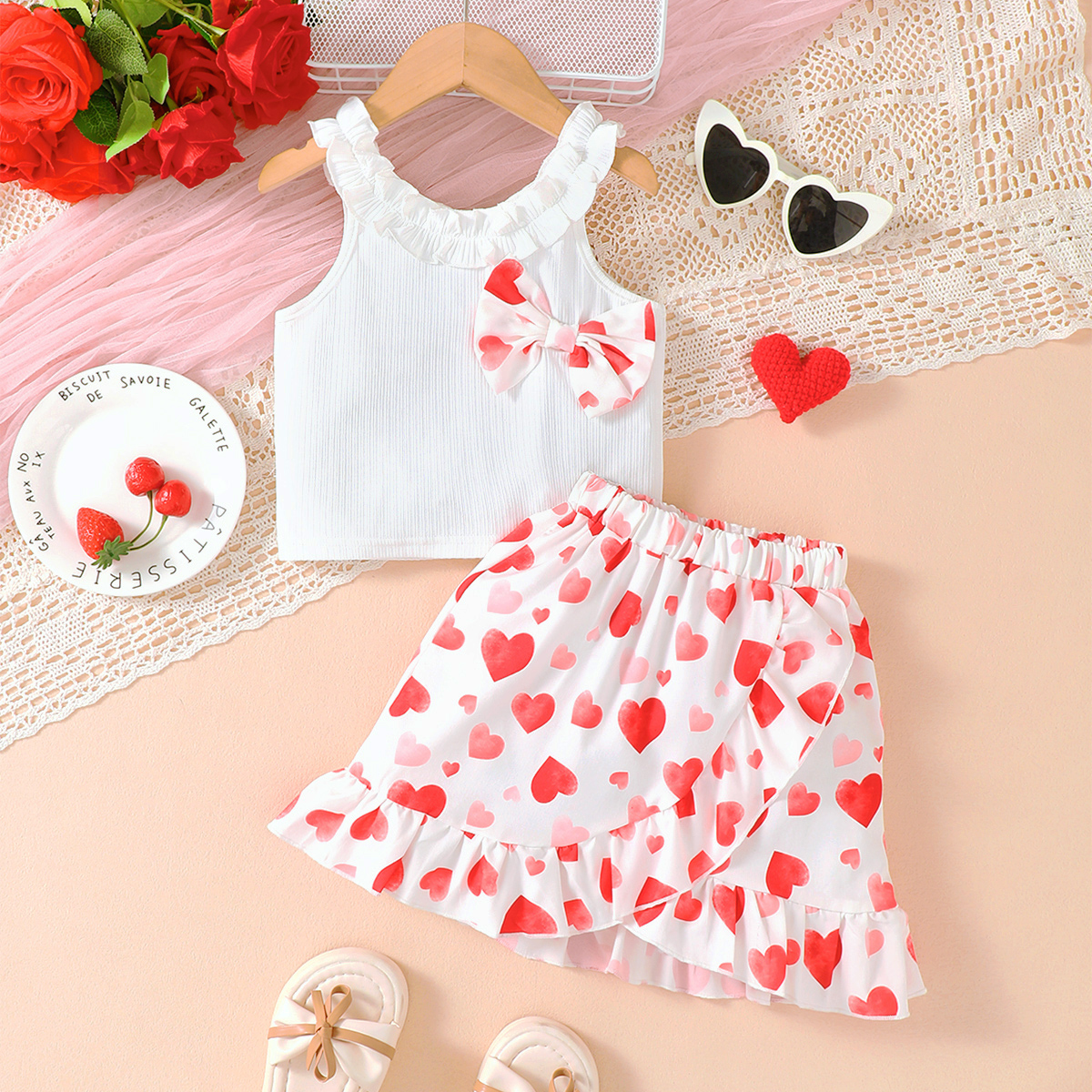 【2PCS】 4-7Y Toddler Girl Summer Set | White Ruffle Neck Tank Top + Red Heart Print Skirt with Bow | Cute Heart Outfit