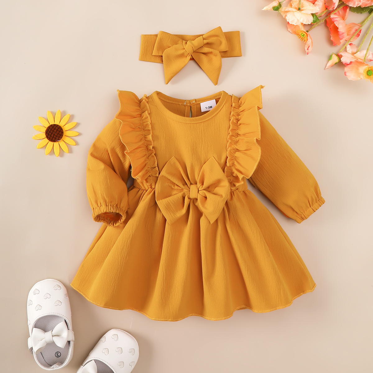 【2PCS】 1-18M Baby Girl Set | Mustard Yellow Ruffle Dress with Bow + Matching Bow Headband | Adorable Everyday Wear