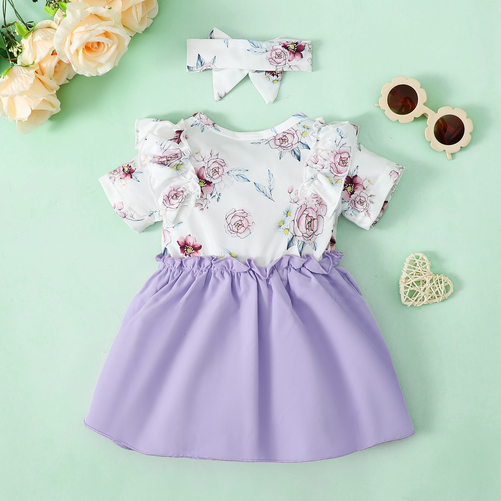 【2PCS】 9M-3Y Baby Girl Outfit | Floral Print Top & Lavender Skirt Dress + Matching Floral Headband | Sweet Summer Wear