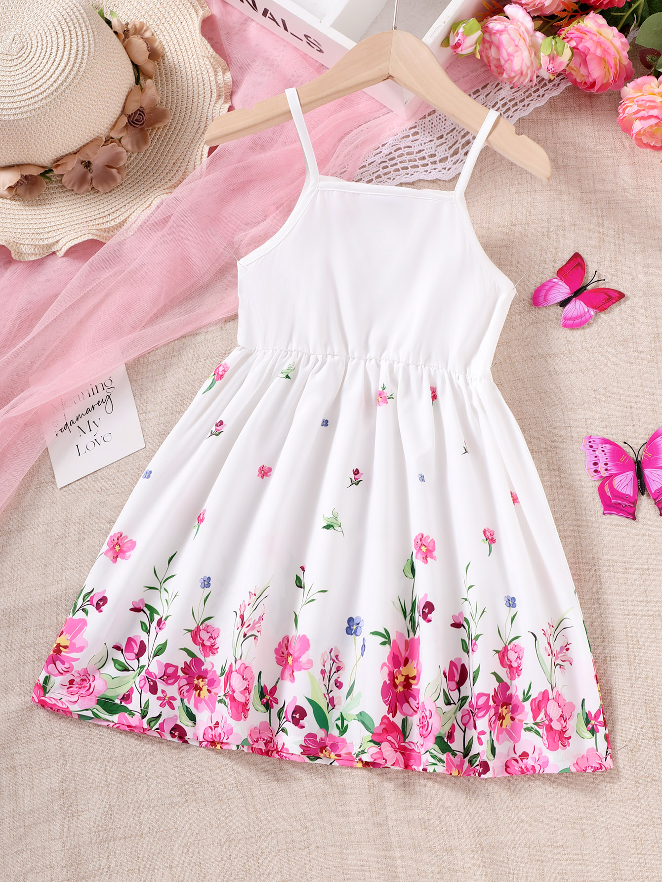 【0-3Y】 Toddler Girl Casual Dress | White Spaghetti Strap Floral Print Dress with Elastic Waist | Cute Summer Outfit