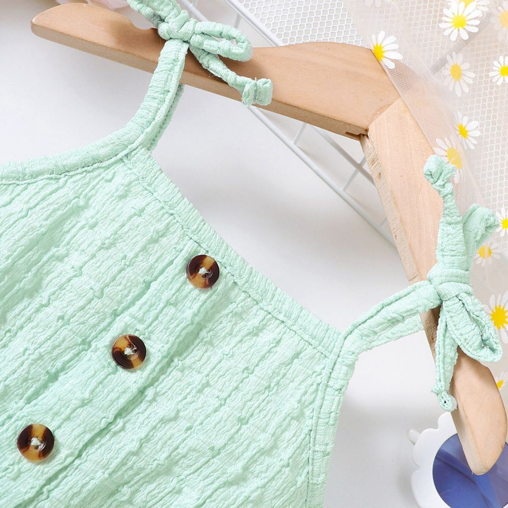 【9-24M】 Baby Girl Sleeveless Dress: Mint Green Daisy Print Tulle Skirt with Bow Straps & Faux Buttons – Summer Floral Infant Outfit