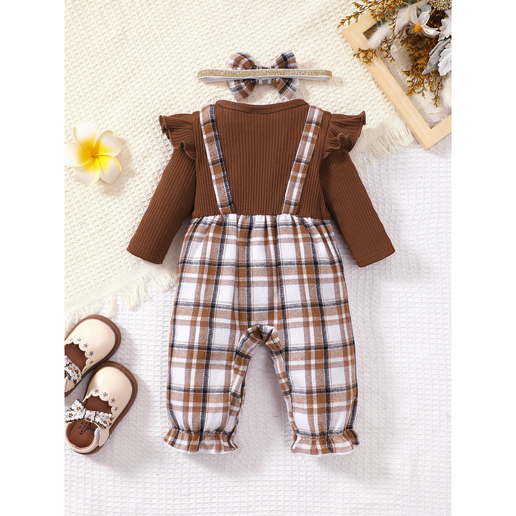 1-18Months Toddler Baby Clothes Long Sleeved Brown Plaid Romper with Headwear Newborn Baby Winter Wear