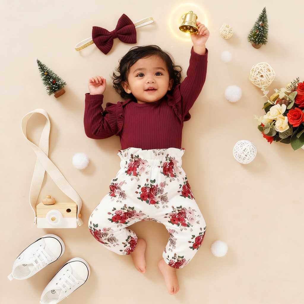 【3PCS】 0-18M Baby Girl Set | Maroon Ribbed Ruffle Bodysuit + Rose Print Pants + Matching Bow Headband | Elegant Casual Outfit