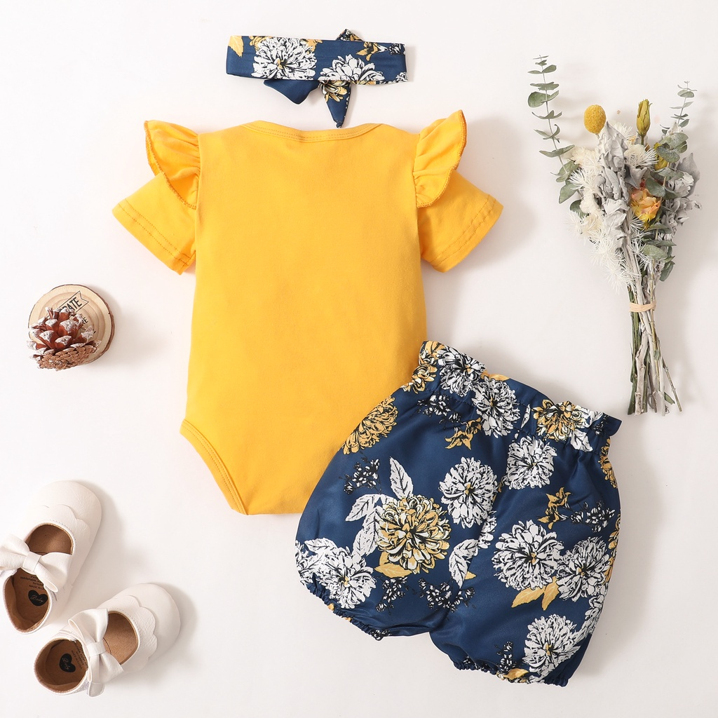 【3PCS】 0-18M Baby Girl Summer Outfit | Yellow Ruffle Sleeve Romper + Floral Bloomer Shorts + Matching Headband | Cute Casual Wear