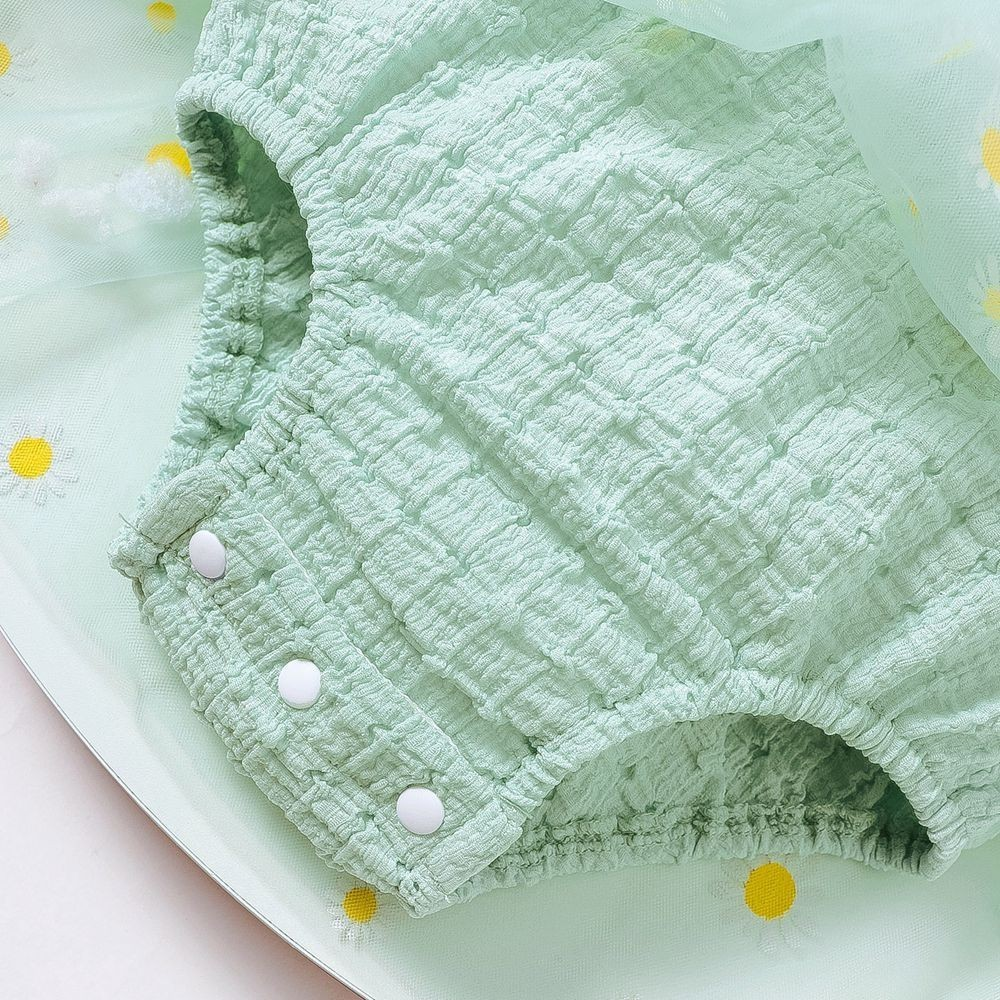 【9-24M】 Baby Girl Sleeveless Dress: Mint Green Daisy Print Tulle Skirt with Bow Straps & Faux Buttons – Summer Floral Infant Outfit