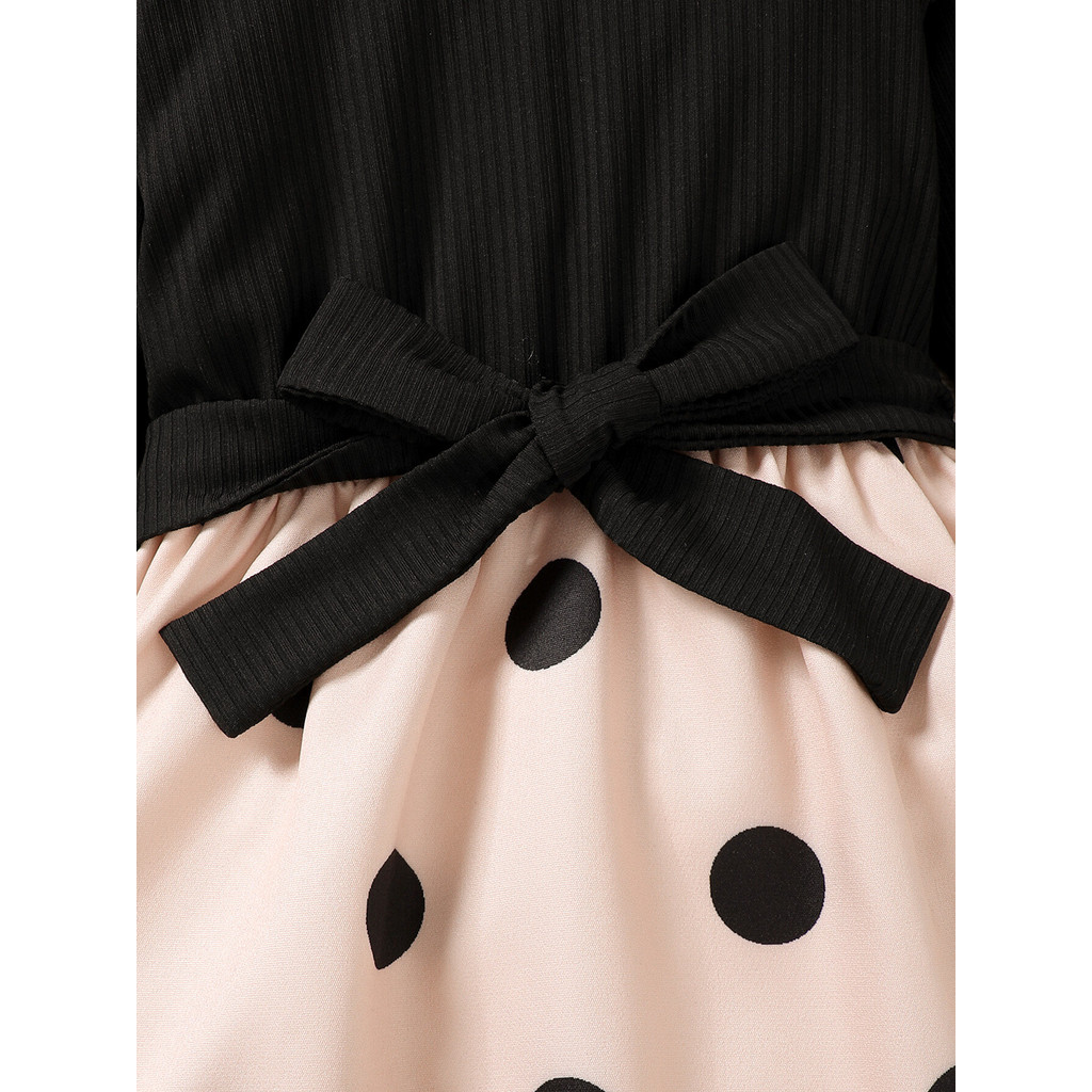 【4-7Y】 Toddler Girl Casual Dress | Black Ribbed Ruffle Sleeve Dress with Beige Polka Dot Skirt + Bow Belt | Fashion Daily Wear