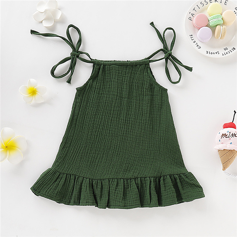 【12M-5Y】 Toddler Girl Casual Dress | Green Crinkle Halter Neck Dress with Tie Straps | Simple Summer Wear