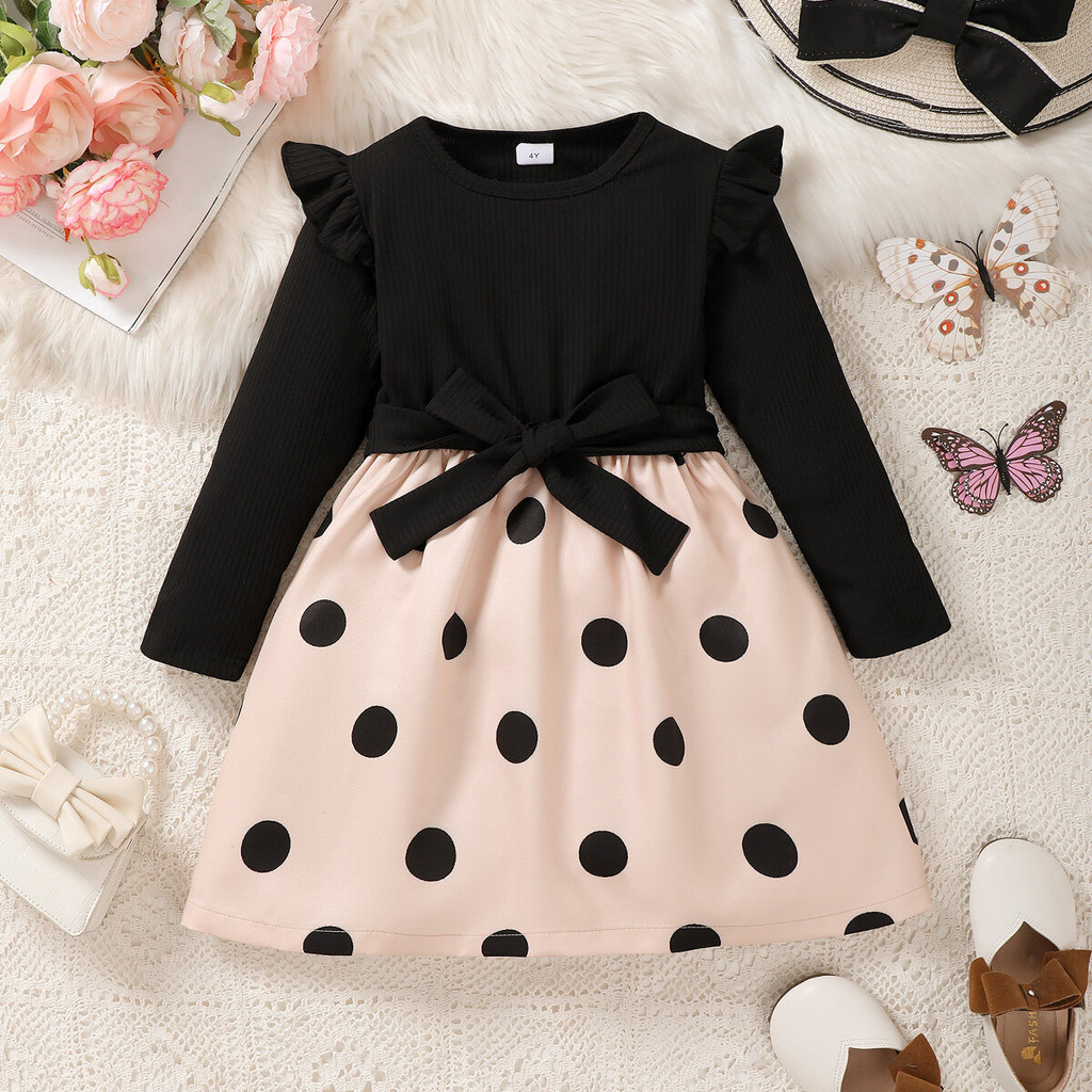 【4-7Y】 Toddler Girl Casual Dress | Black Ribbed Ruffle Sleeve Dress with Beige Polka Dot Skirt + Bow Belt | Fashion Daily Wear
