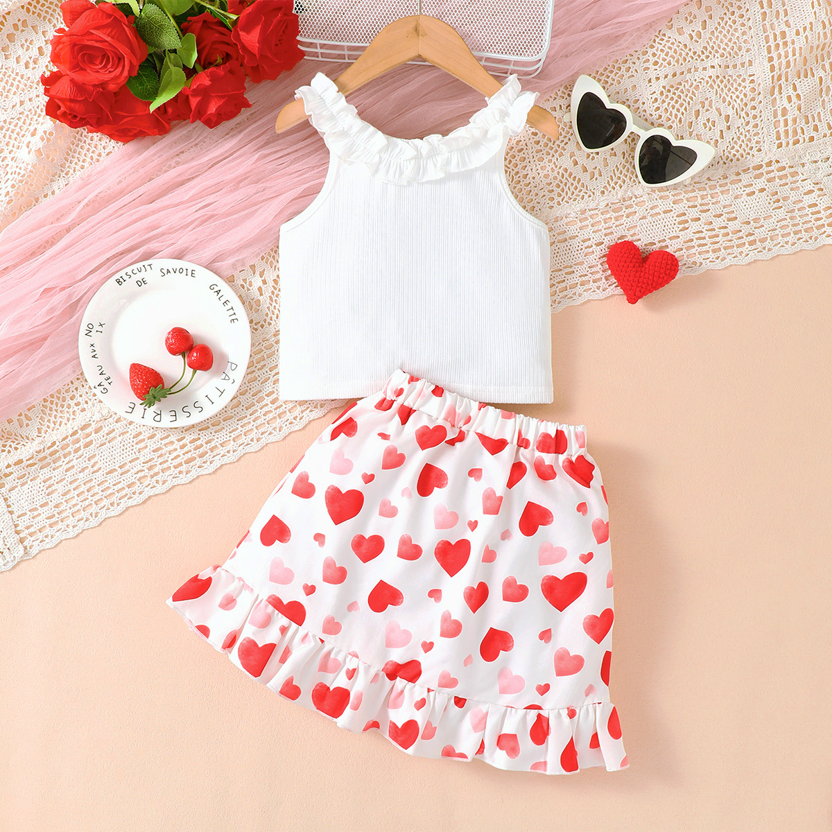 【2PCS】 4-7Y Toddler Girl Summer Set | White Ruffle Neck Tank Top + Red Heart Print Skirt with Bow | Cute Heart Outfit