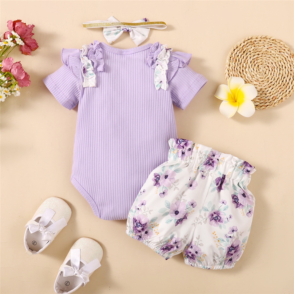 【3PCS】 0-18M Baby Girl Clothes Set | Purple Ribbed Ruffle Romper + Floral Print Shorts + Bow Headband | Sweet Casual Wear