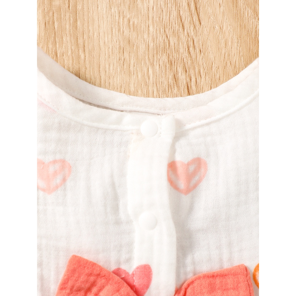 【2PCS】 0-9M Baby Girl Set | Heart Print Ruffle Dress with Bow + Matching Coral Sun Hat | Cute Summer Outfit