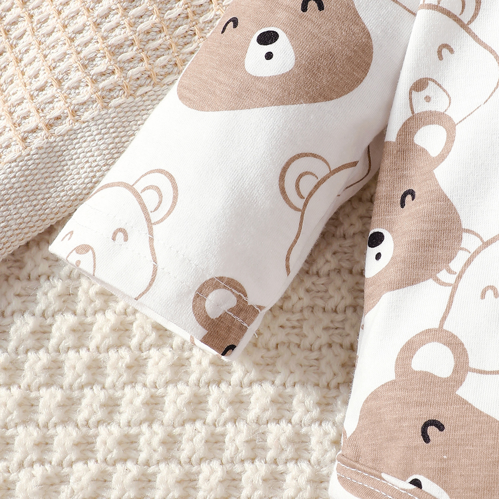 【4PCS】 0-9M Baby Boy Set | Bear Print Bodysuit + Solid Pants + Matching Ear Hat + Booties | Soft Newborn Wear