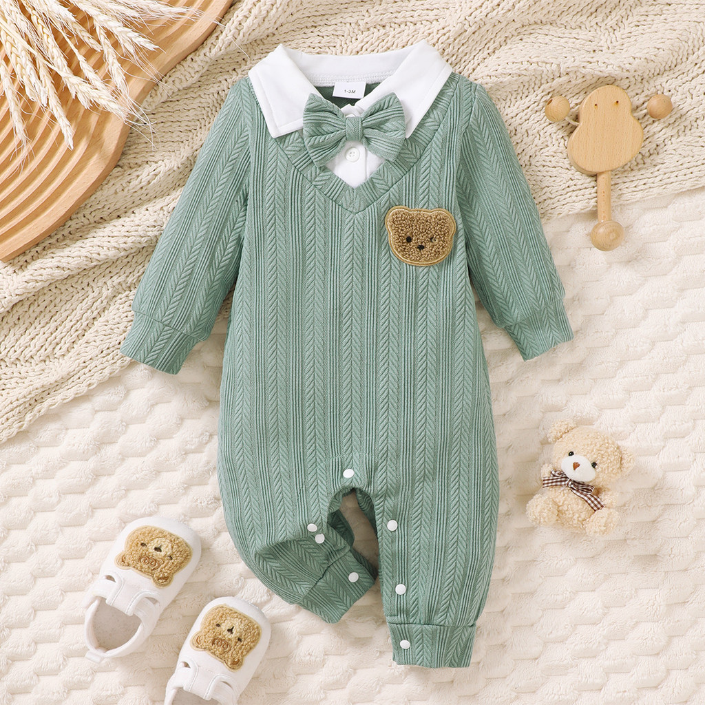 Catpapa boy |【0-18M】 Baby Boy Formal Romper | Mint Green Textured Jumpsuit with Bear Embroidery + Bow Tie | Gentleman Party Outfit | Babies dress | BabySuit | Boys clothes fashions