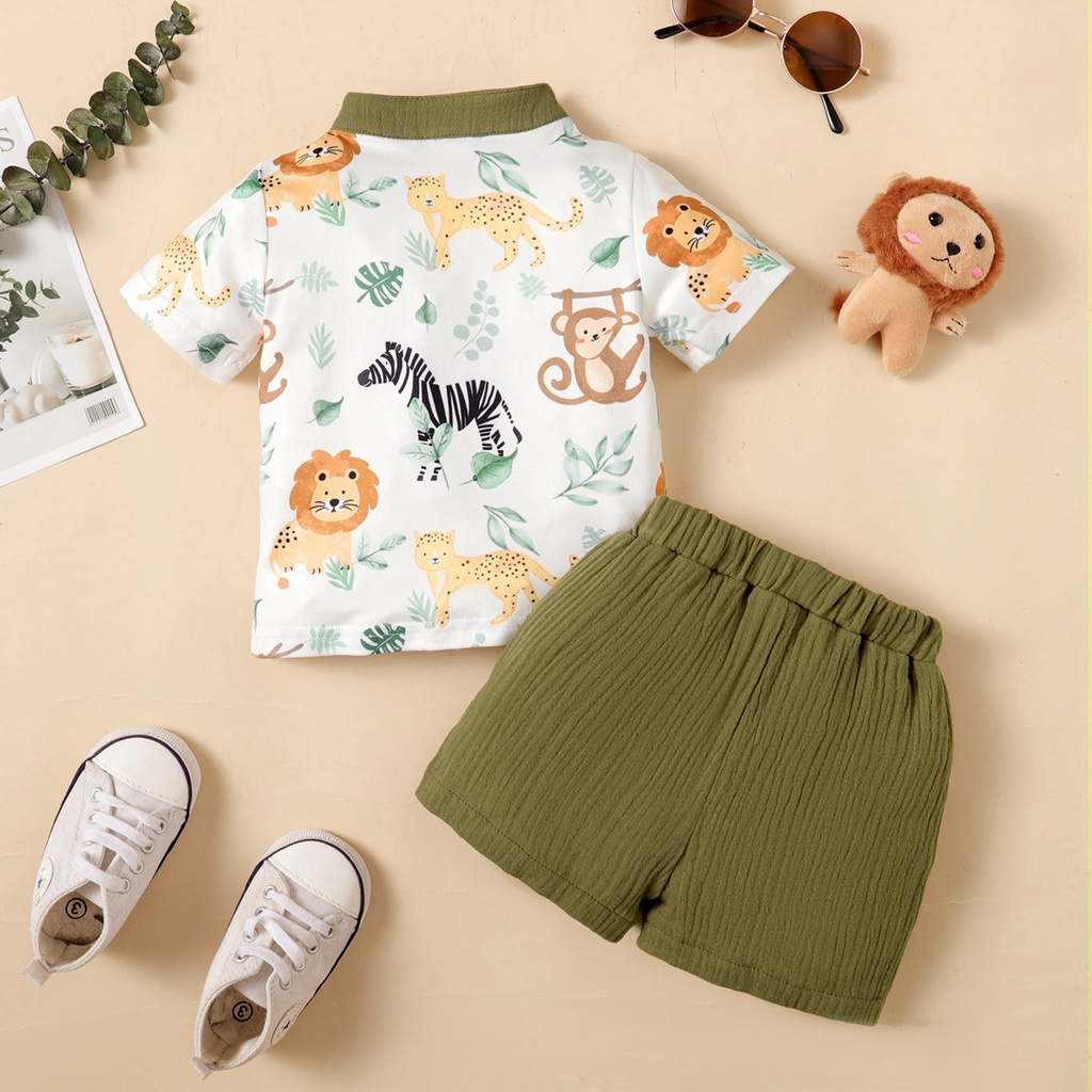 【3-24M】 2PCS Baby Boy Summer Outfit | Jungle Animal Print Henley T-shirt + Solid Textured Shorts | Casual Safari Style Set