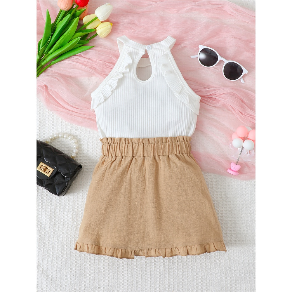 【2PCS】 0-3Y Baby Girl Halter Neck Dress | White Ribbed Ruffle Top + Khaki Skirt | Fashion Casual Summer Outfit