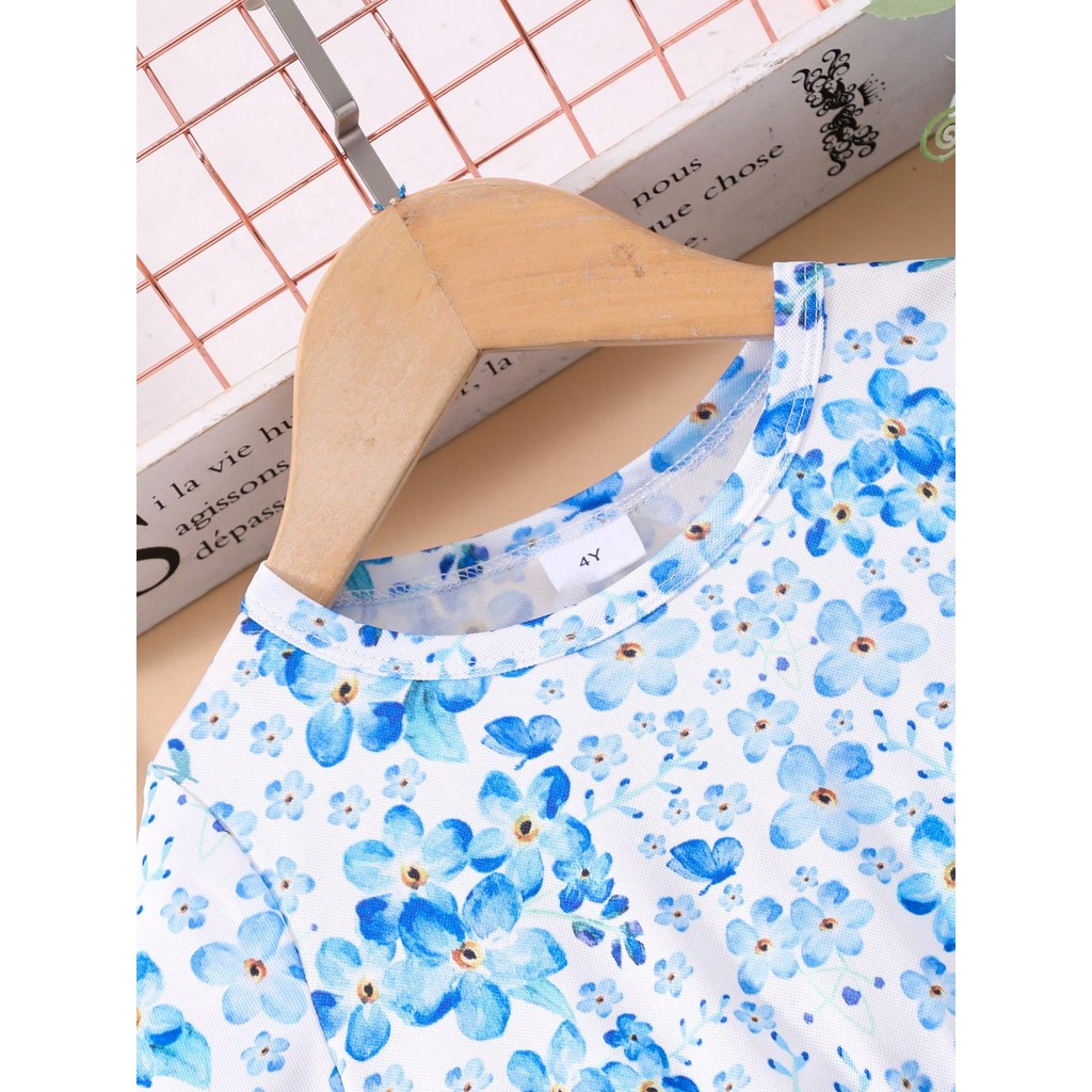【2-7Y】 Toddler Girl Casual Dress | Blue Floral Print Short Sleeve A-Line Dress | Sweet Summer Wear