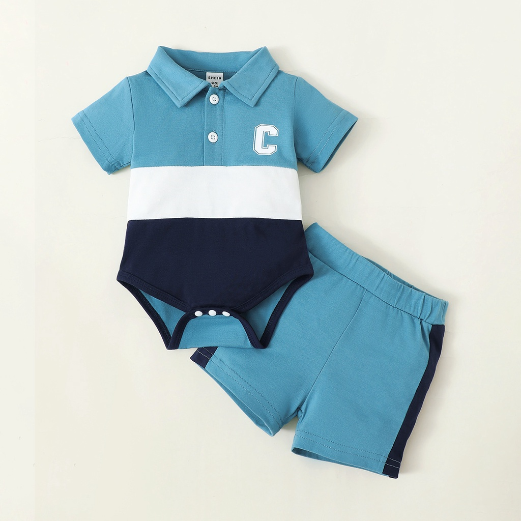 Catpapa boy |【0-9M】 2PCS Baby Boy Summer Outfit: Color-Block Polo Romper with Letter Embroidery + Matching Color-Block Shorts – Casual Set | Boys clothes fashions | BabyClothing