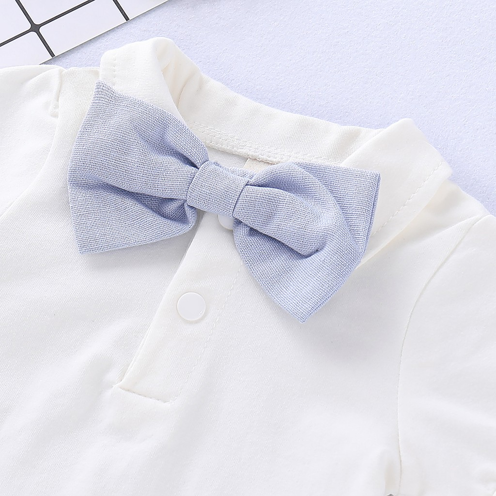 【2PCS】 0-12M Baby Boy Formal Set | White Short Sleeve Shirt + Light Blue Suspender Shorts with Bow Tie | Gentleman Party Outfit