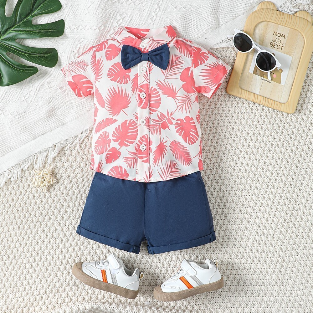 3-24Months Tshirt For Kids Boy Short Sleeve Formal Wear Gentleman 2PCS Set With Bow Summer  Baby Boy Clothes Holiday Style Birthday Party Outfit