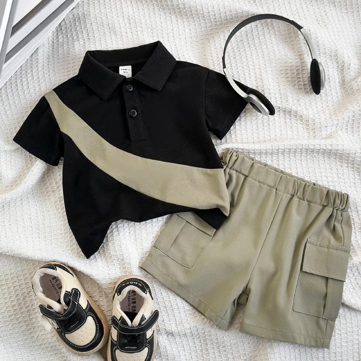 0-2Y color-blocked boys' clothing, shirt + cargo shorts, outdoor sportswear, suitable for parties and social gatherings, perfect for outdoor sports, cool, durable, and easy to clean