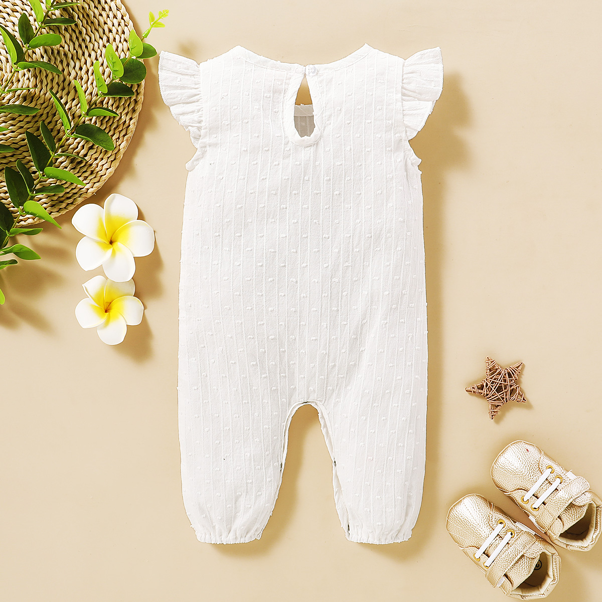 【3-18M】 Baby Girl Romper | White Textured Sleeveless Jumpsuit with Ruffle Sleeves | Soft Newborn Outfit
