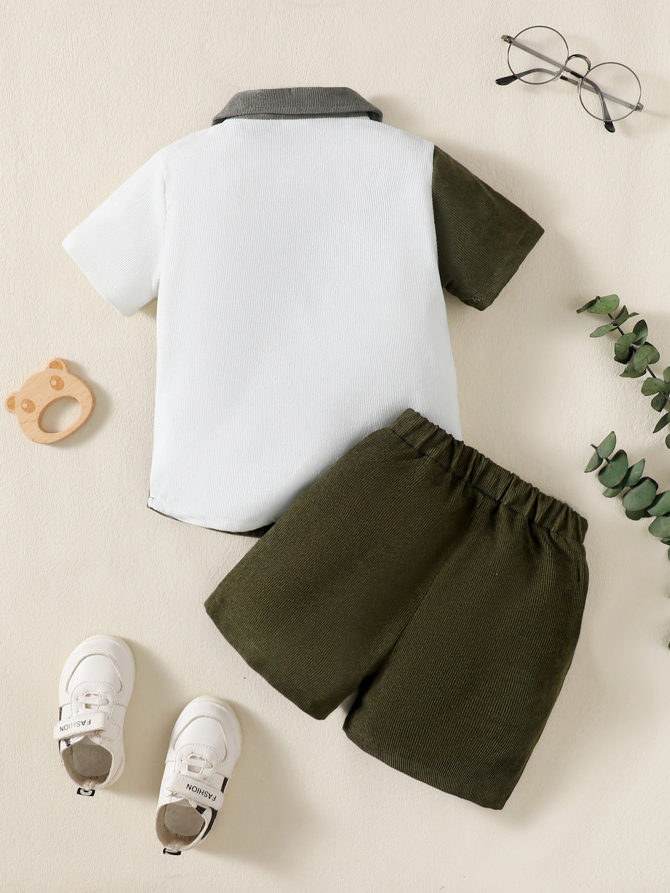 【2PCS】 1-6Y Baby Boy Clothes Set | Grey & White & Olive Color Block Corduroy Shirt + Olive Shorts | Retro Summer Wear