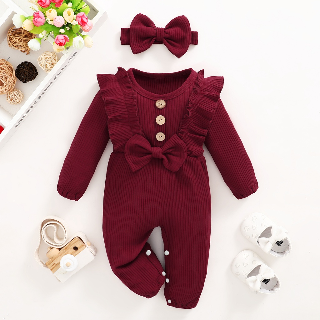 【2PCS】 0-18M Baby Girl Set | Maroon Ribbed Romper with Ruffles and Bow + Matching Bow Headband | Festive Casual Wear
