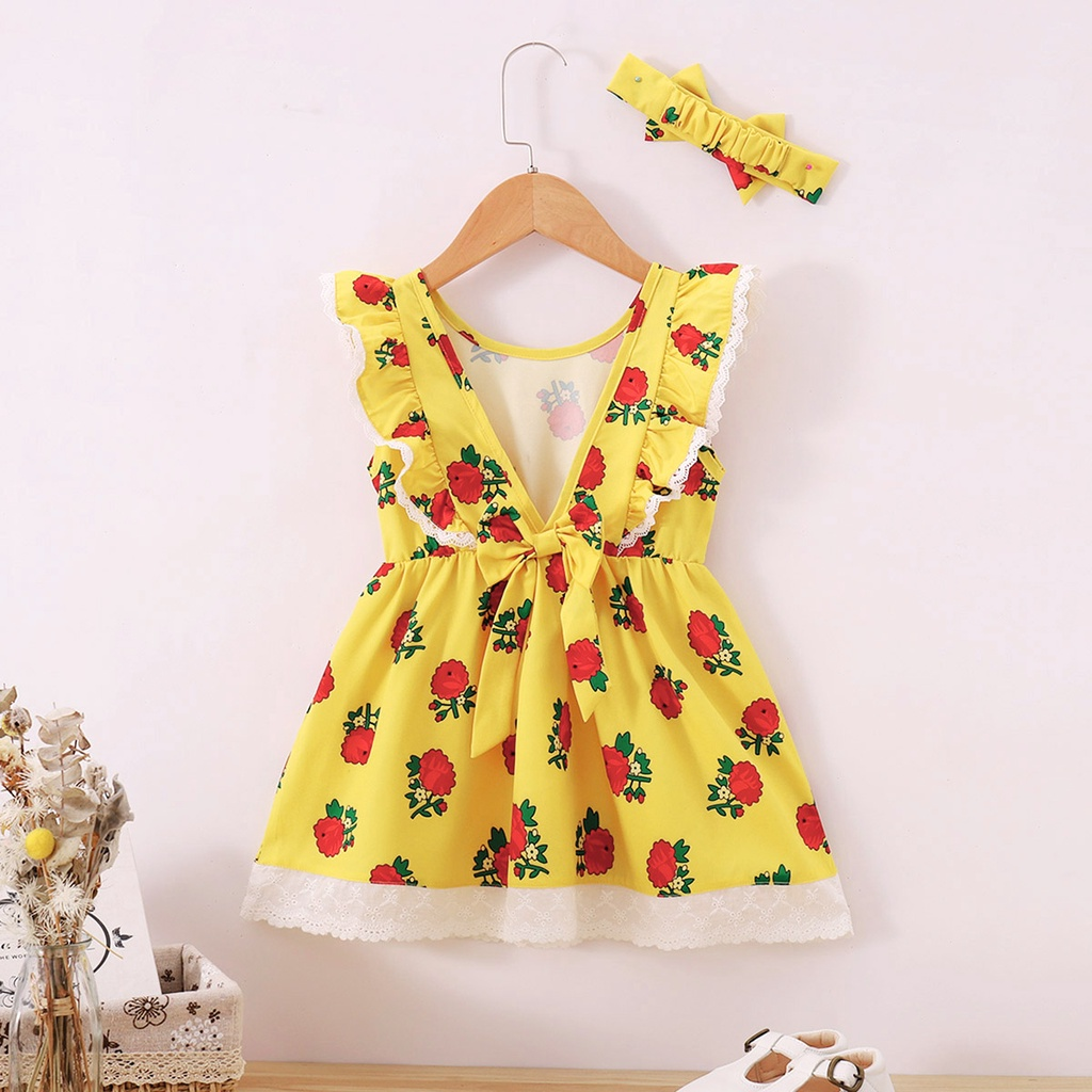 【2PCS】 12M-5Y Toddler Girl Outfit | Yellow Rose Print Lace Trim Dress + Matching Bow Headband | Casual Summer Set