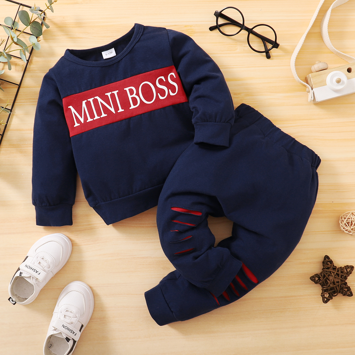 Baby Boy 2pcs Round Neck Long Sleeved Shirt Pants - Blue