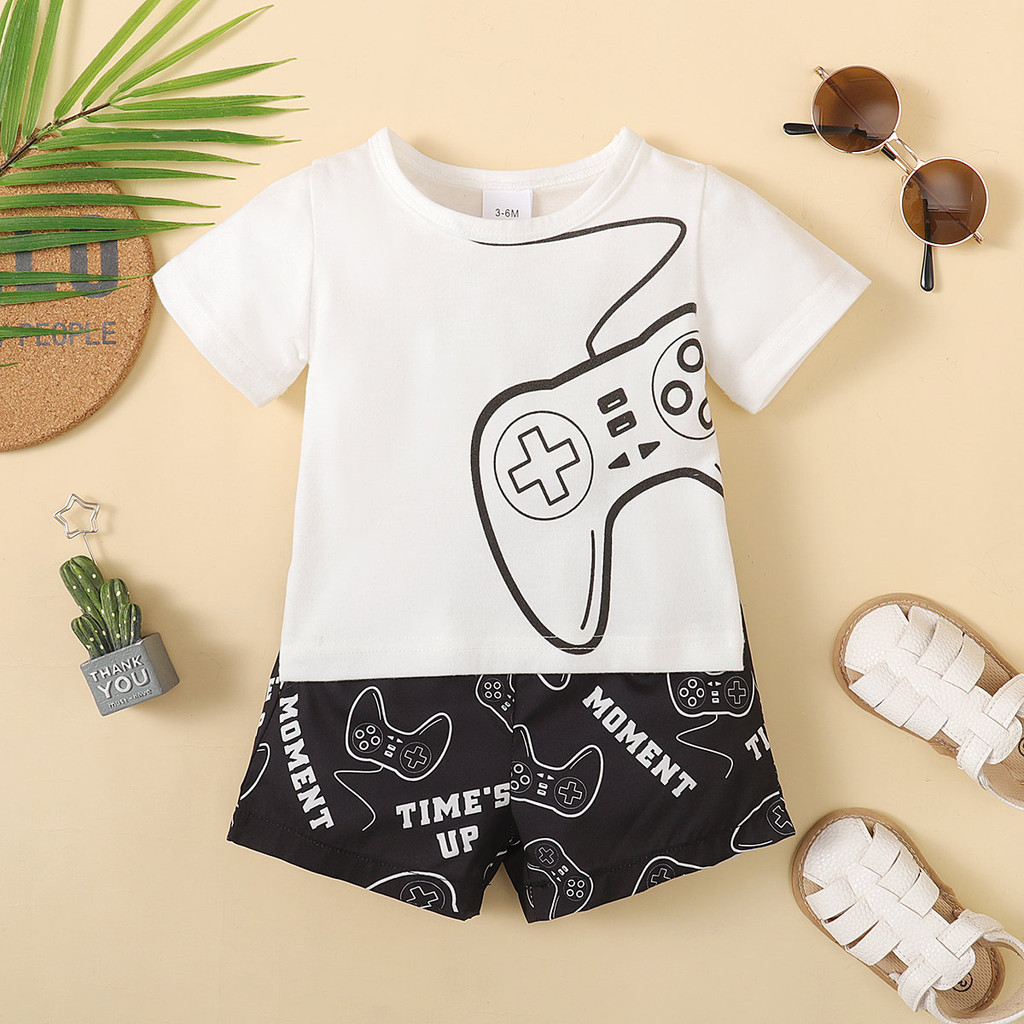 【3-24M】 2PCS Baby Boy Summer Outfit | Game Controller Print Crew Neck T-shirt + Matching Shorts | Casual Cool Gamer Style Set