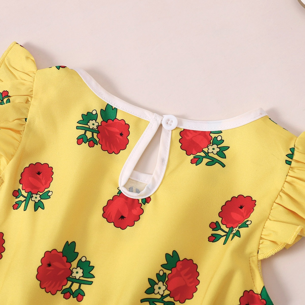 【12M-6Y】 Baby Girl Floral Dress | Yellow Rose Print Sleeveless Dress with Lace Ruffle & Satin Bow | Cute Daily Outfit