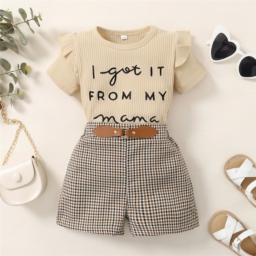【2PCS】 1-6Y Baby Girl Clothes Set | Ribbed Letters Print T-shirt + Plaid Shorts | Casual Summer Outfit