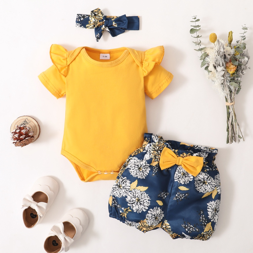 【3PCS】 0-18M Baby Girl Summer Outfit | Yellow Ruffle Sleeve Romper + Floral Bloomer Shorts + Matching Headband | Cute Casual Wear