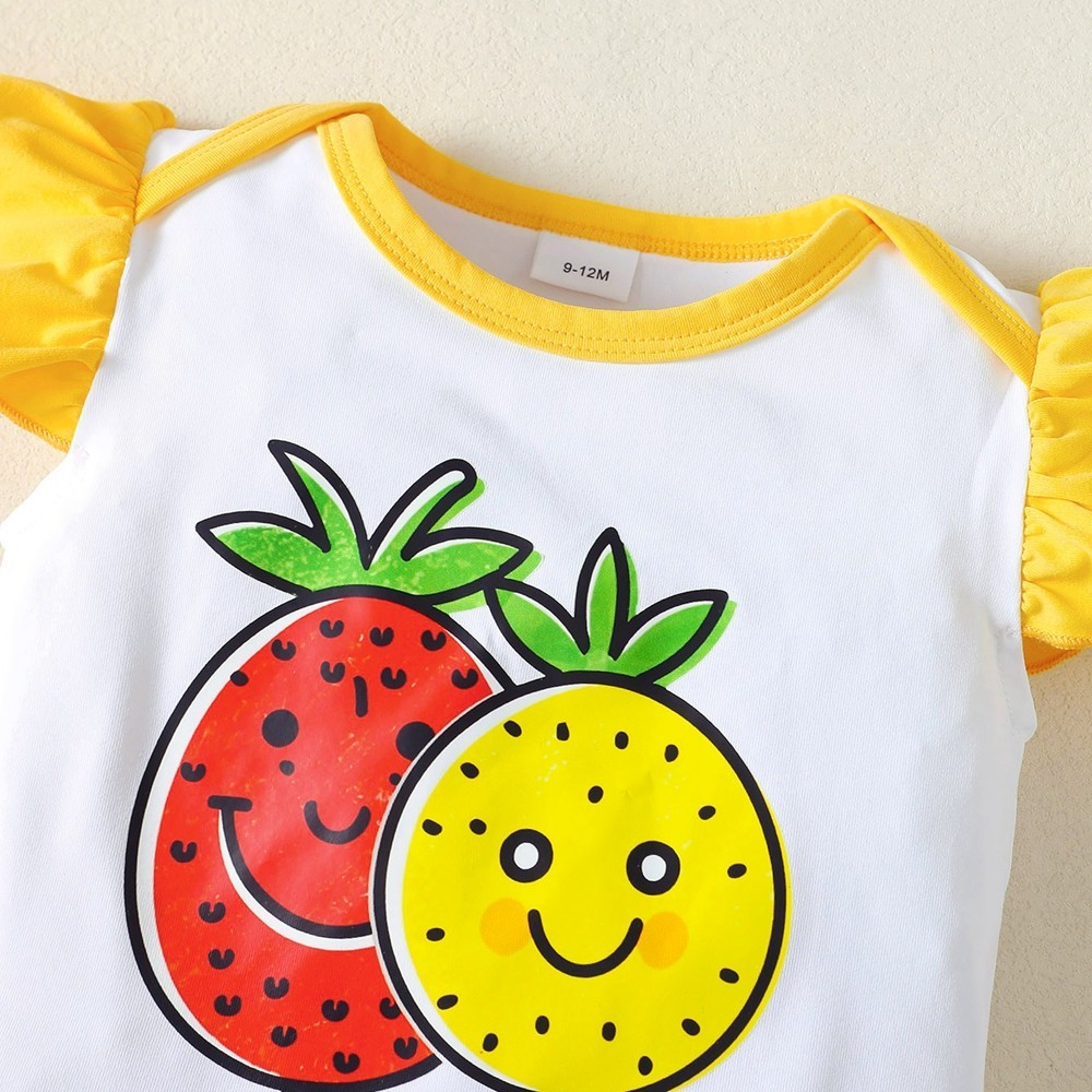 【1-9M】 3PCS Baby Girl Summer Outfit: Strawberry & Pineapple Print Ruffle-Sleeve Bodysuit + Fruit Print Skirt with Bow + Matching Headband – Cute Party Set