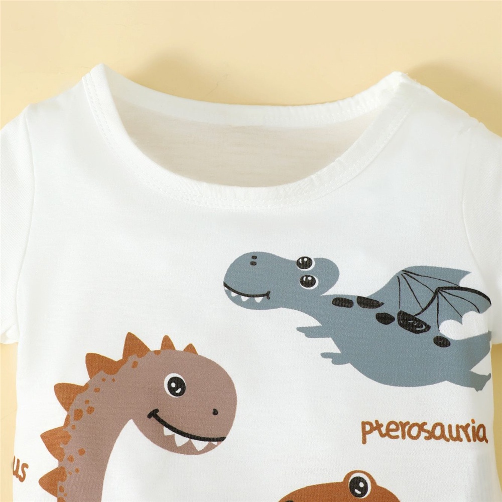【2PCS】 0-3Y Baby Boy Summer Set | White Cartoon Dinosaur Print T-shirt + Brown Shorts | Casual Daily Outfit