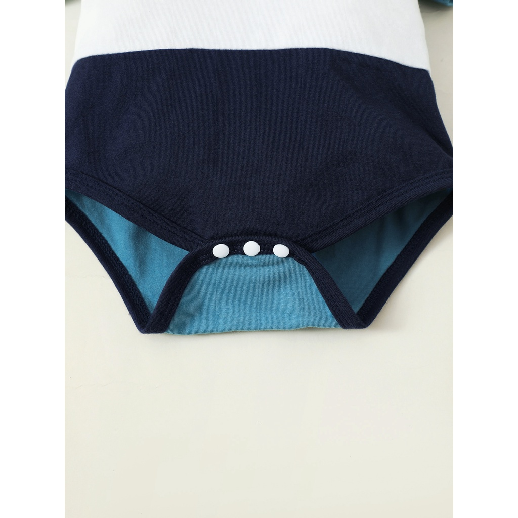 Catpapa boy |【0-9M】 2PCS Baby Boy Summer Outfit: Color-Block Polo Romper with Letter Embroidery + Matching Color-Block Shorts – Casual Set | Boys clothes fashions | BabyClothing