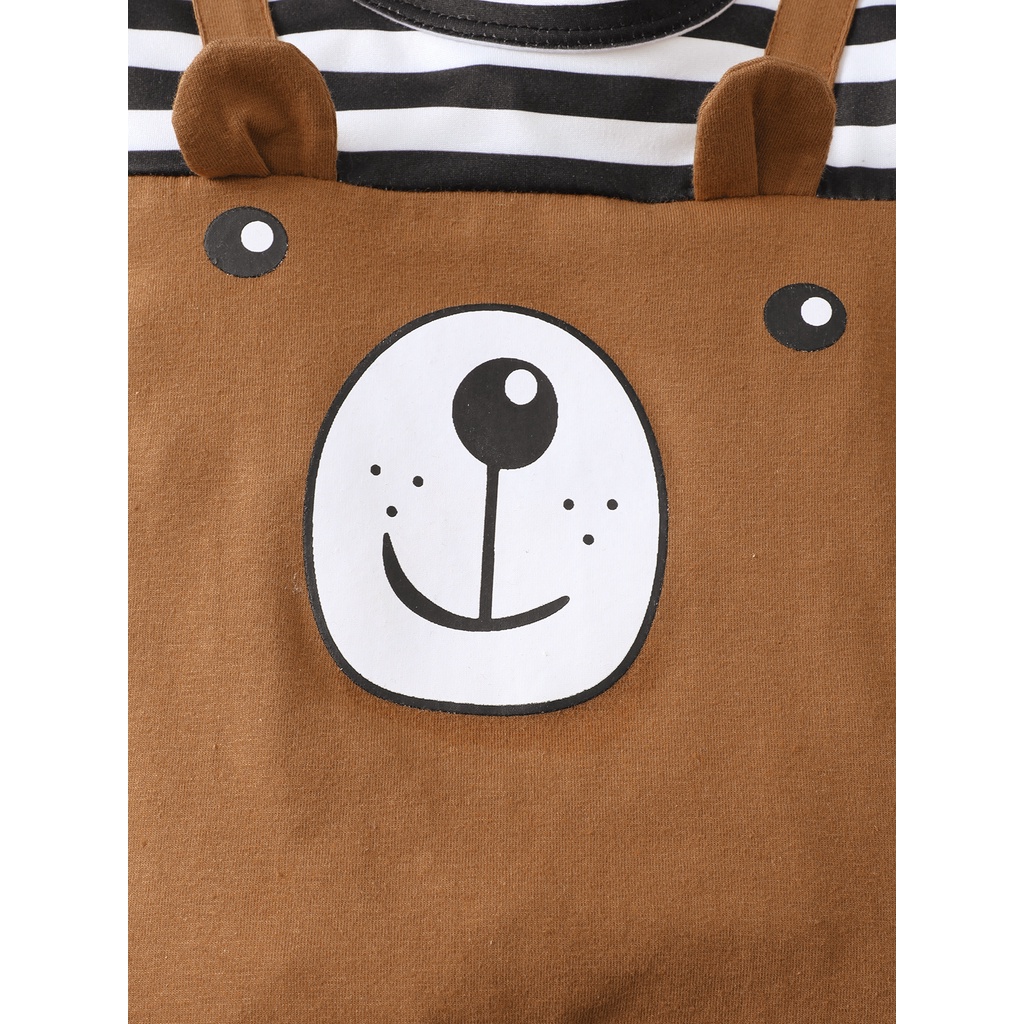 【2PCS】 0-18M Baby Boy Set | Brown Bear Print Romper + Matching Bear Ear Hat | Cute Summer Outfit