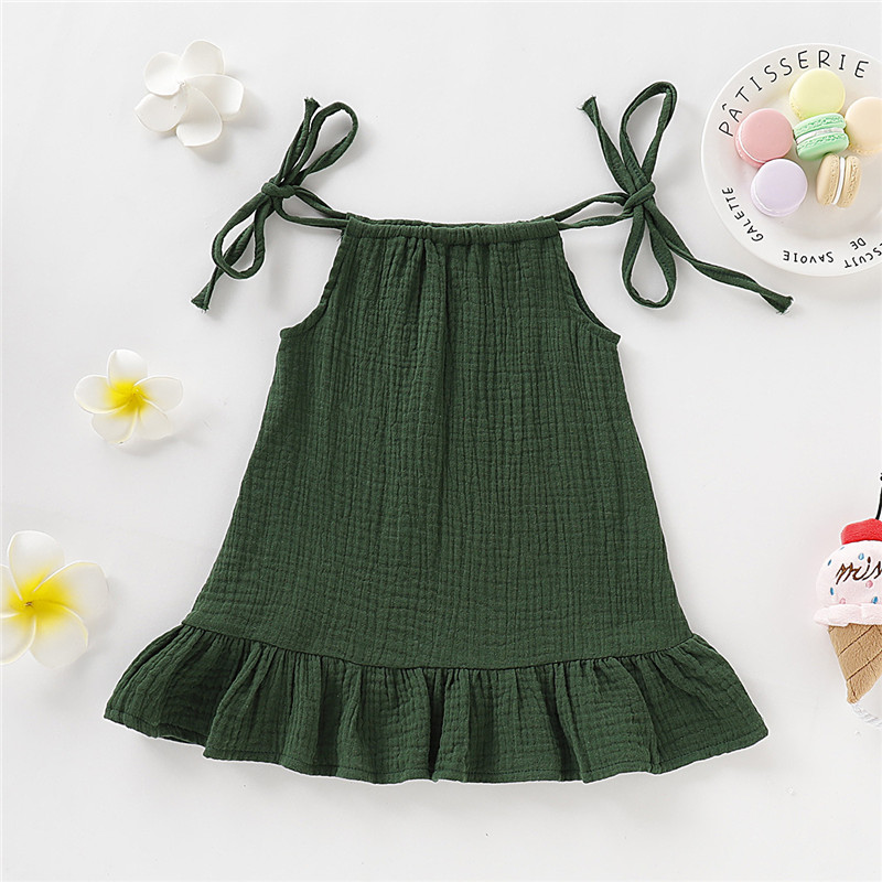 【12M-5Y】 Toddler Girl Casual Dress | Green Crinkle Halter Neck Dress with Tie Straps | Simple Summer Wear