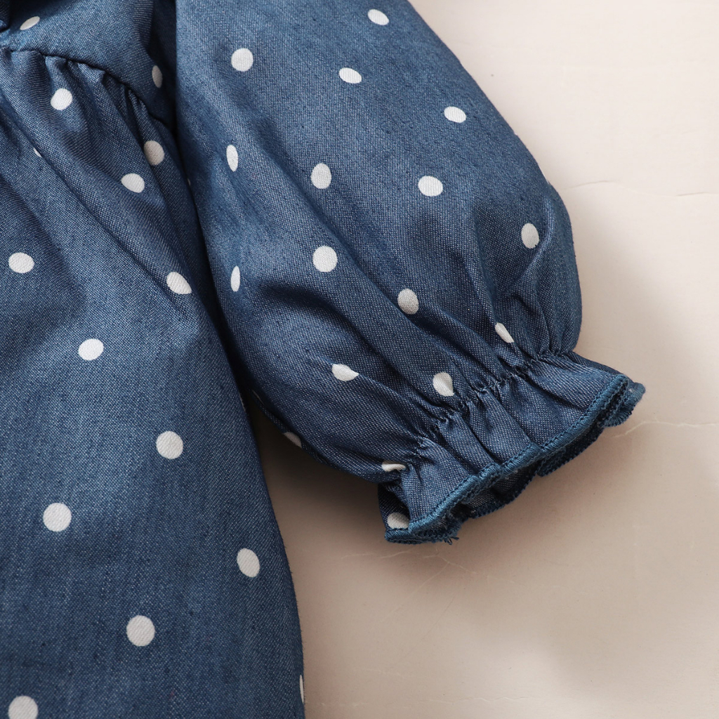 【3-24M】 Toddler Girl Casual Dress | Denim Blue Polka Dot Ruffle Long Sleeve Dress | Fashion Daily Wear