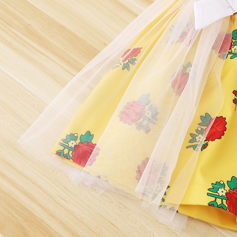 【18-6Y】 Toddler Girl Casual Dress | Yellow Rose Print Ruffle Sleeve Mesh Dress with White Bows | Sweet Summer Wear