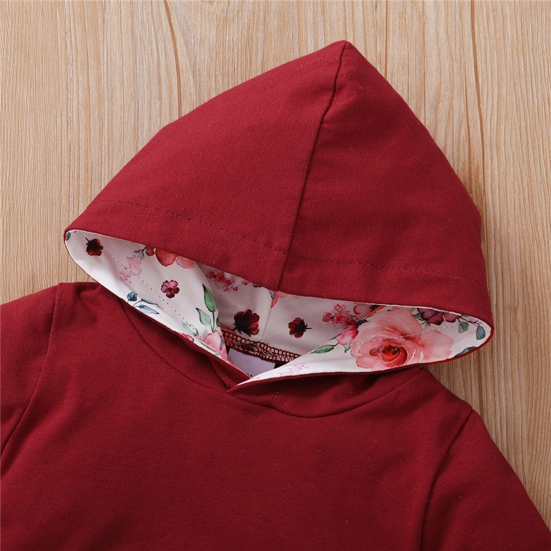 【3PCS】 0-18M Baby Girl Hoodie Set | Wine Red Floral Print Hoodie + Floral Pants + Matching Headband | Fashion Fall/Winter Outfit