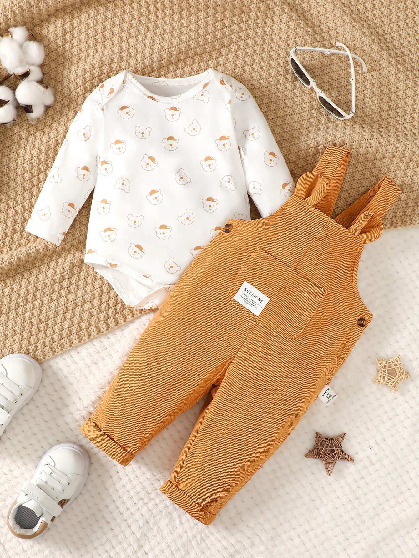 【2PCS】 3-24M Baby Boy Casual Outfit | Bear Print Long Sleeve Top + Mustard Corduroy Overalls | Retro Style Set