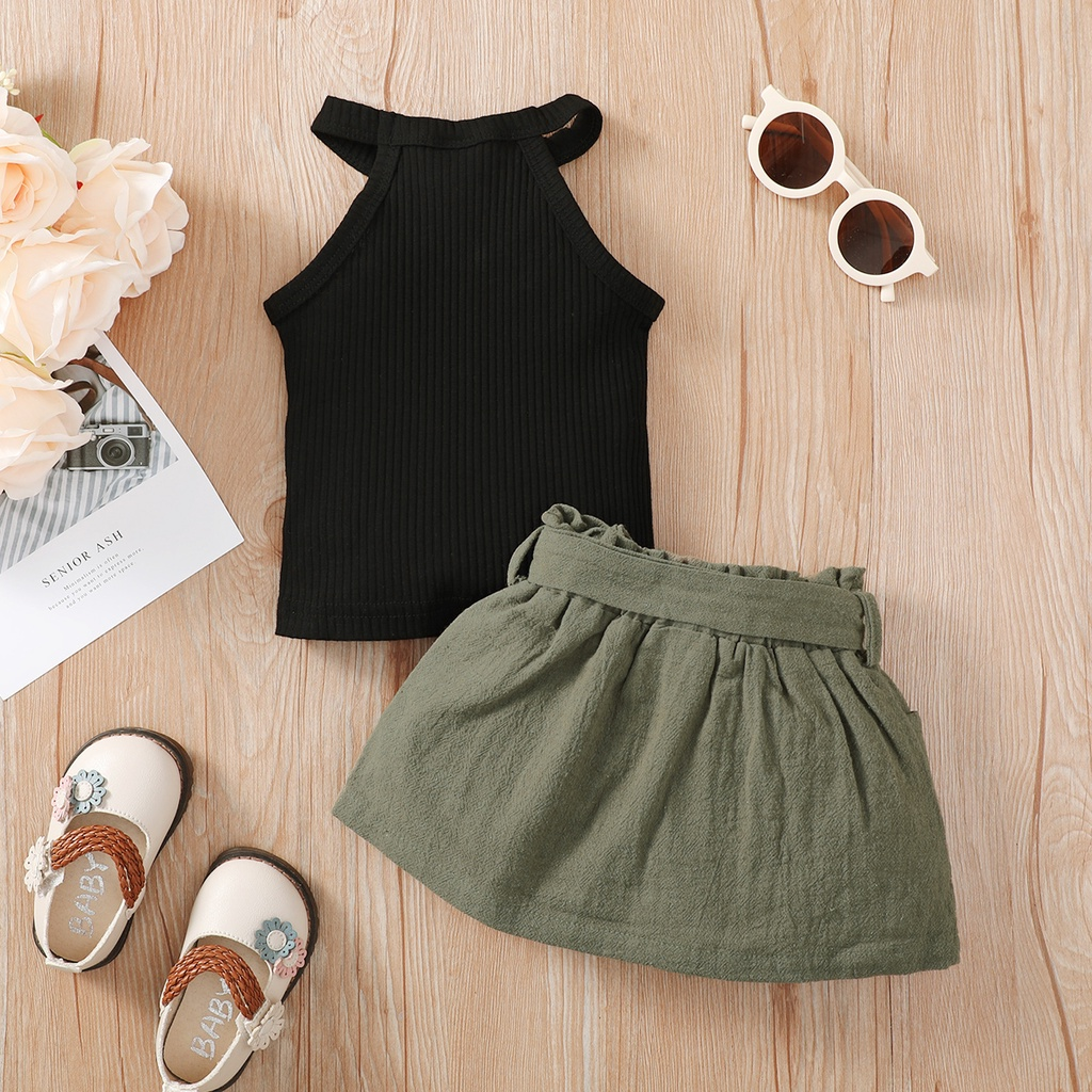 【2PCS】 3-24M Toddler Girl Casual Outfit | Black Ribbed Halter Top + Green Button Skirt with Bow Belt | Trendy Daily Wear