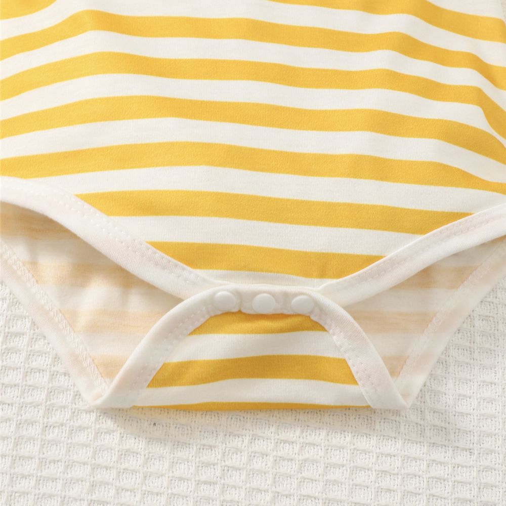 【6-18M】 Baby Bodysuit | Yellow and White Striped Short Sleeve Romper | Soft Newborn Wear