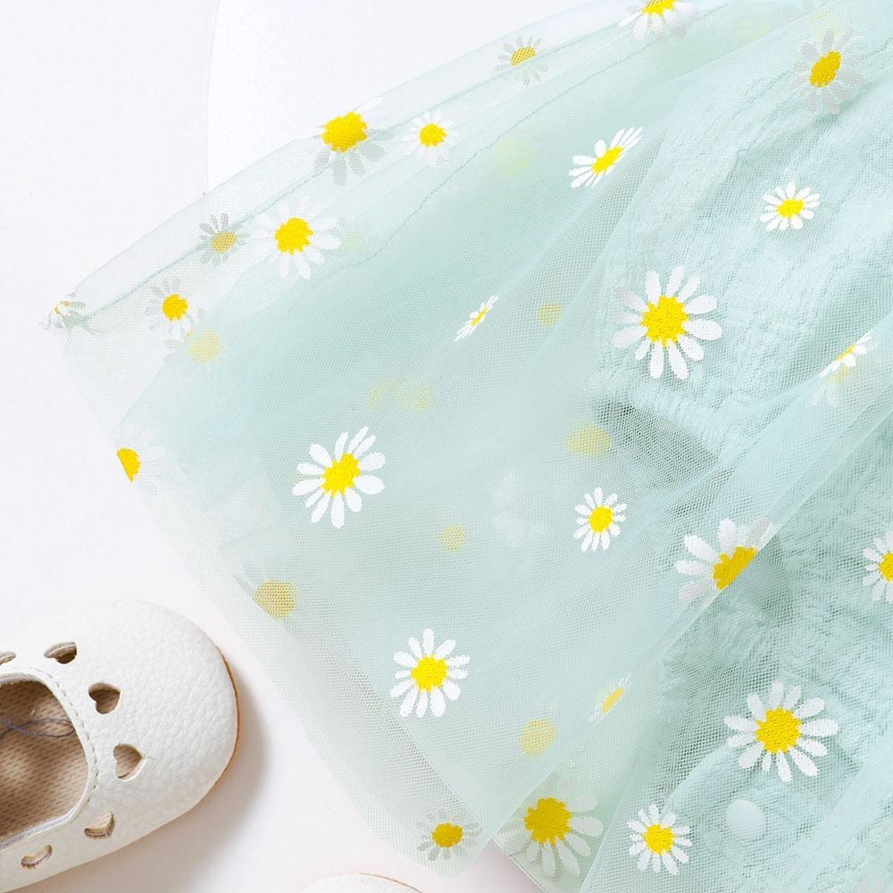 【9-24M】 Baby Girl Sleeveless Dress: Mint Green Daisy Print Tulle Skirt with Bow Straps & Faux Buttons – Summer Floral Infant Outfit