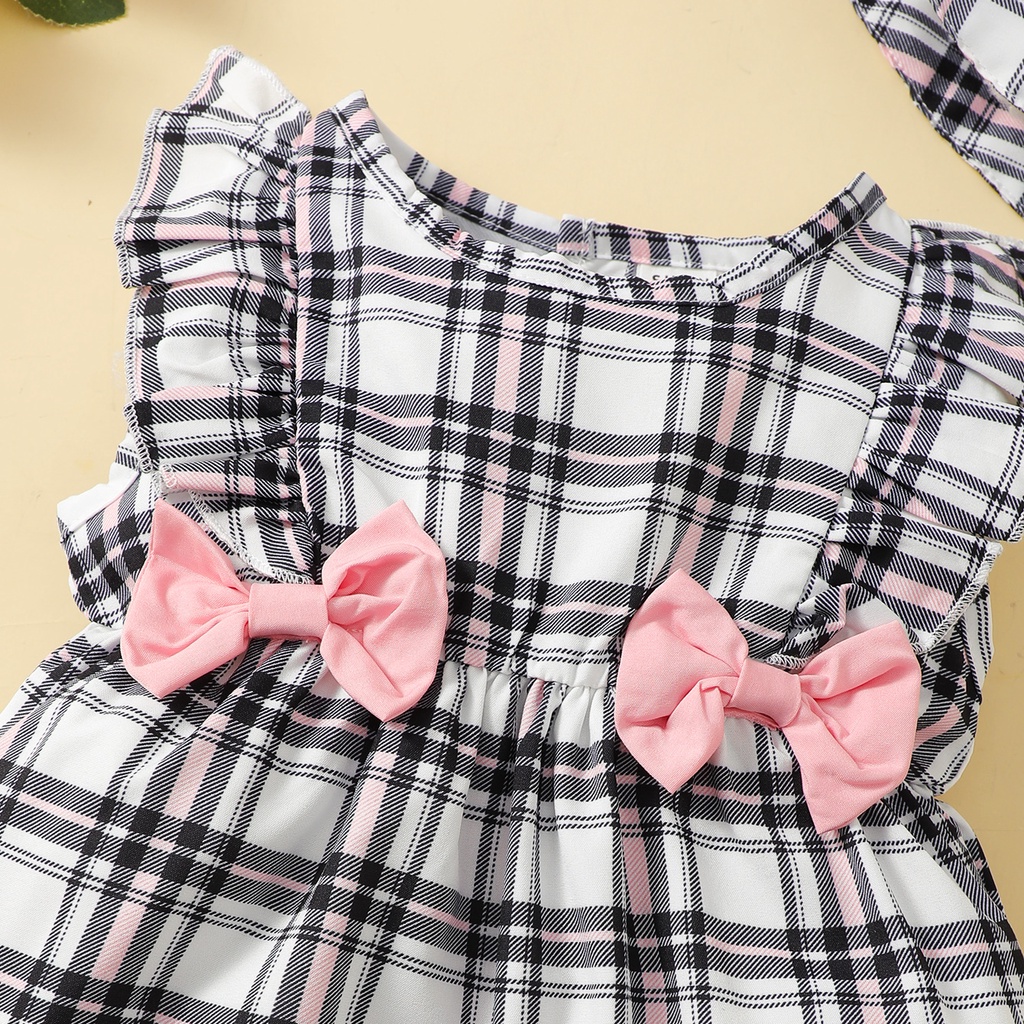 【2PCS】 0-18M Baby Girl Outfit | Plaid Ruffle Romper with Pink Bows + Matching Sun Hat | Cute Summer Set