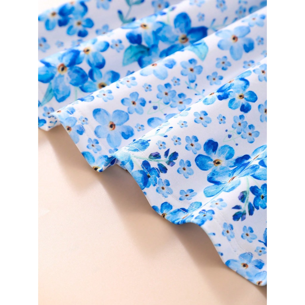 【2-7Y】 Toddler Girl Casual Dress | Blue Floral Print Short Sleeve A-Line Dress | Sweet Summer Wear