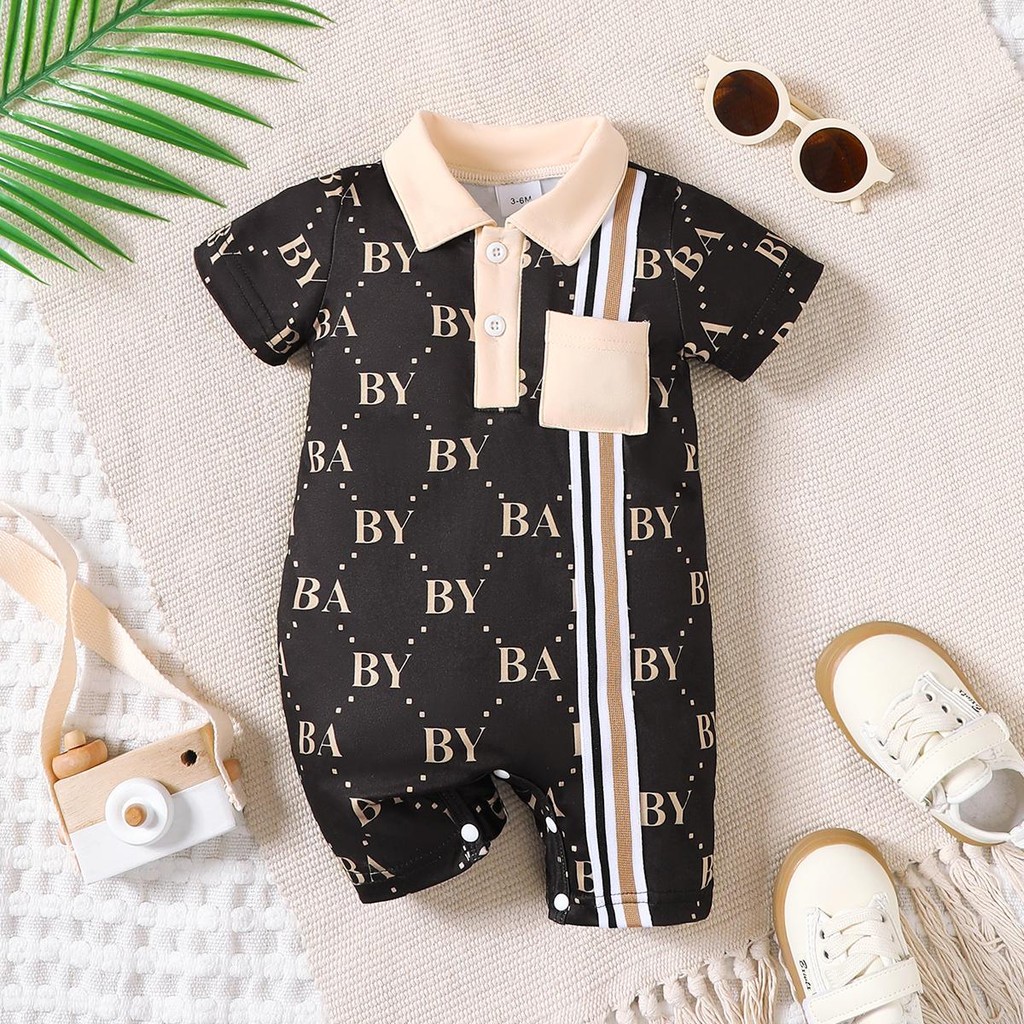 【0-24M】 Baby Boy Romper | Black "BA/BY" Allover Print Polo Collar Short Sleeve Jumpsuit | Light Luxury Style Summer Wear