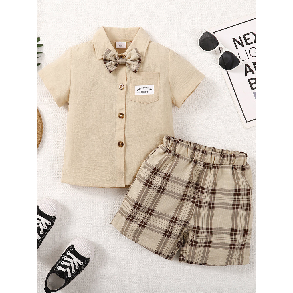 【2PCS】 1-6Y Baby Boy Formal Set | Beige Short Sleeve Shirt + Plaid Shorts with Bow Tie | Gentleman Summer Outfit